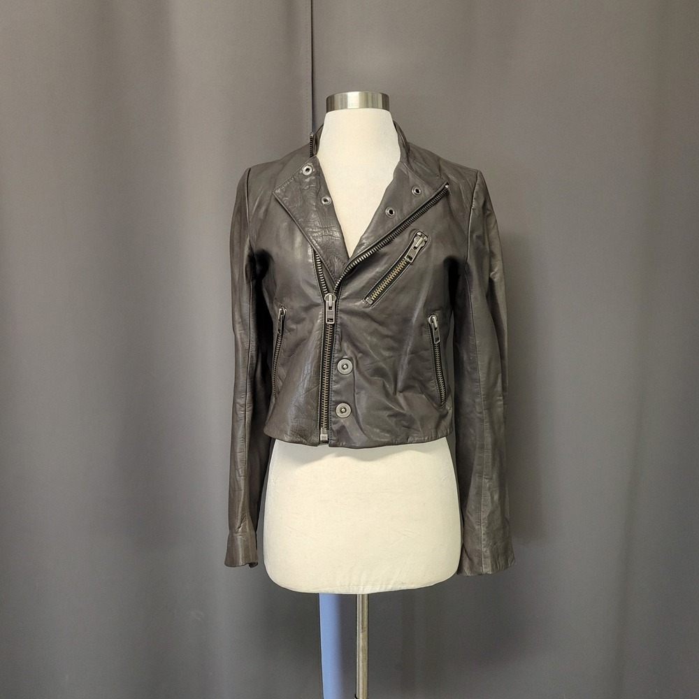 Haute Hippie‎ Leather Moto Jacket Dark Grey Cropped Asymmetrical Zip Small
